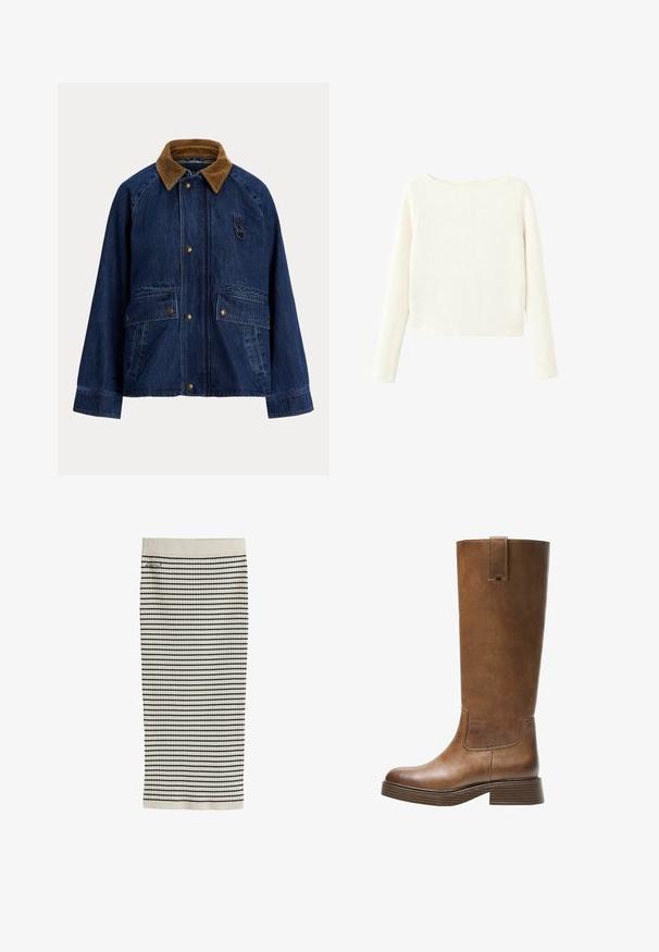 Kurtka dżinsowa z brązowym kołnierzem z sztruksu, zapinana z przodu na zatrzaski, z dwoma dużymi naszywanymi kieszeniami i małym metalowym pierścieniem na wysokości klatki piersiowej.; Biała, długosleeve, prążkowana dzianinowa sweter z lekko łódkowym dekoltem i prostym dołem.; Jasno-kremowa spódnica z ryfoldowanym wzorem, ozdobiona poziomymi czarnymi paskami i małym haftowanym logo w okolicy talii.; Brązowe skórzane wysokie buty do kolan z okrągłym noskiem, teksturowaną powierzchnią i niskim piętrem o warstwowej budowie. Posiadają boczną wstawkę oraz pętelkę na górze.