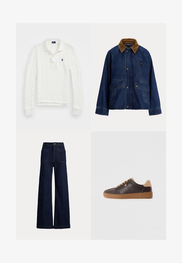 Τζιν μπουφάν με καφέ γιακά από κορντούρα, εμπρός κούμπωμα με κουμπιά-στιγμές, δύο μεγάλες τσέπες εφαρμοσμένες και μια μικρή διακόσμηση με κρίκο στο στήθος.; Λευκό πουλόβερ με πλέξη cable-knit, μακρύ μανίκι και γιακά, με δύο κίτρινους κουμπιά και μικρό ναυτικό λογότυπο στην αριστερή πλευρά του στήθους.; Φαρδιές σκούρες μπλε τζιν παντελόνες με ψηλή μέση, σχεδίαση πέντε τσεπών και αντίθετο ραφί. Διαθέτουν κλείσιμο με κουμπί και δομημένο σχήμα.; Σαπούνι από σκούρο καφέ δέρμα και σουέτ με καφέ κορδόνια και σόλα, χρυσό λογότυπο και "Michael Kors" τυπωμένο στη σόλα.