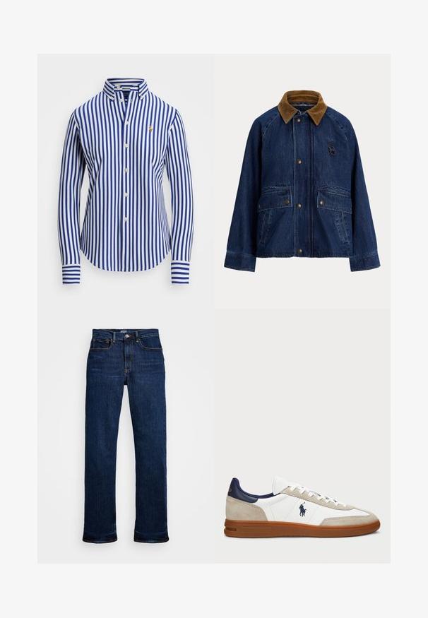 Casaco de ganga com gola em bombazine castanha, fechos de pressão frontais, dois grandes bolsos de remendo e um pequeno detalhe em argola no peito.; Camisa de manga longa azul e branca com riscas, com gola abotoada, apresentando um pequeno logótipo bordado no peito e fecho por botões.; Jeans de denim azul escuro com corte reto, apresentando cinco bolsos, costura em cobre e um fecho de botão clássico.; Sapatilhas brancas e bege com um cabedal em camurça e pele, detalhes em azul-marinho e uma sola em borracha castanha. Apresenta o logótipo na lateral e um design com atacadores.