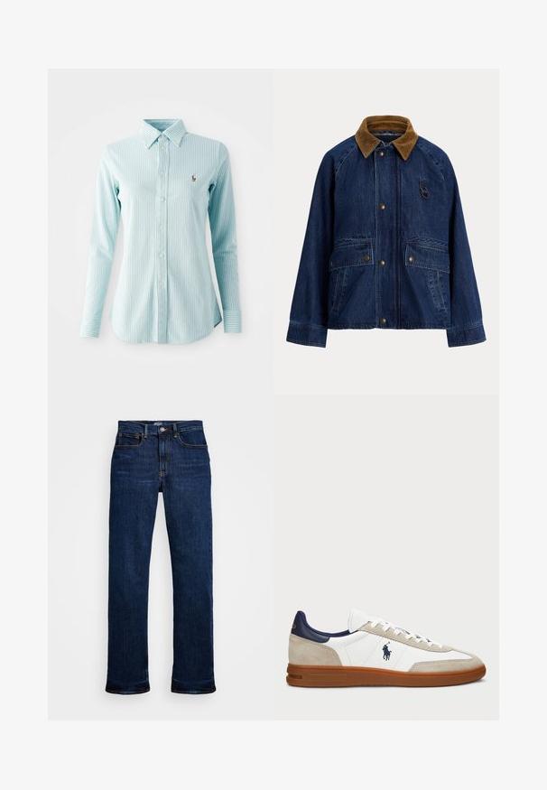 Džinsa jaka ar brūnu korduroja apkakli, priekšējiem sprādzētājiem, divām lielām ielāpu kabatām un nelielu gredzena dekoru uz krūtīm.; Gaiši zils svītrots krekls ar garām piedurknēm, ar apkakli un mazu izšūtu logo kreisajā krūtī.; Tumši zilo džinsu bikses ar taisnu kāju griezumu, kas satur piecas kabatas, vara diegu šuvumus un klasisku pogas aizdari.; Baltas un beigts sporta apavi ar zamšiem un ādas augšdaļu, jūras zila akcenti un brūna gumijas zole. Iezīmē logotipu sānos un šņorēšanas dizains.