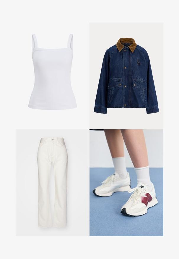 Jeans jakna z rjavim žametnim ovratnikom, sprednjimi pritiskači, dvema velikima zunanjima žepoma in majhnim obročem na prsih.; Bela reberasta majica brez rokavov z ozkimi naramnimi trakovi in oprijetim krojem, izdelana iz mehkega bombažnega blaga. Brez vzorcev ali dodatkov.; Beli džins hlače z visokim pasom in širokim krojem. Imajo zadrgo in gumb, zanke za pas ter subtilne šive.; Par belih športnih copat z maroon detajli, teksturiranimi paneli, ravnim črnim podplatom in svetlim vezalkami, obutih z belimi gležnjarji.