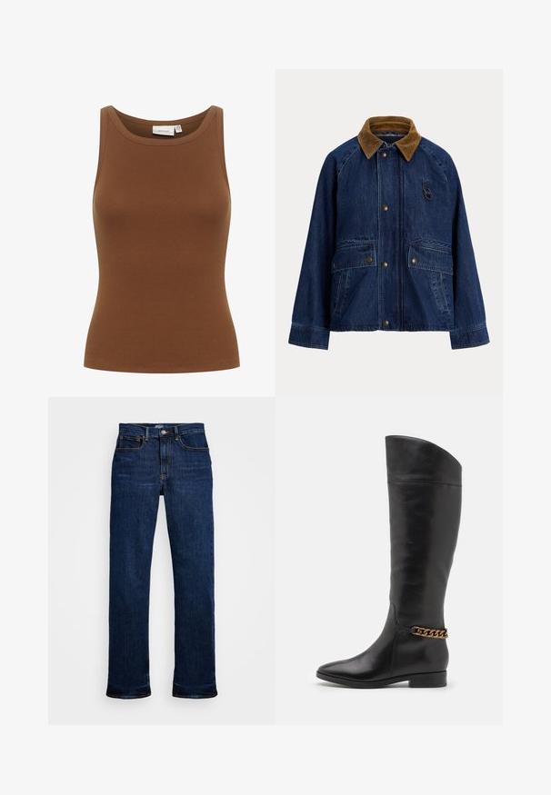Spijkerjack met een bruine ribfluwelen kraag, drukknoopsluiting aan de voorkant, twee grote opgestikte zakken en een klein ringaccent op de borst.; Bruine geribde katoenen tanktop met een ronde halslijn en een aansluitend ontwerp, met een gladde textuur en zonder mouwen.; Donkerblauwe spijkerbroek met een recht model, voorzien van vijf zakken, koperen stiksels en een klassieke knoopsluiting.; Hoge zwarte leren laarzen met een slank ontwerp, spitse neus en een gouden kettingaccent bij de enkel. Lage blokhak. Glad textuur.