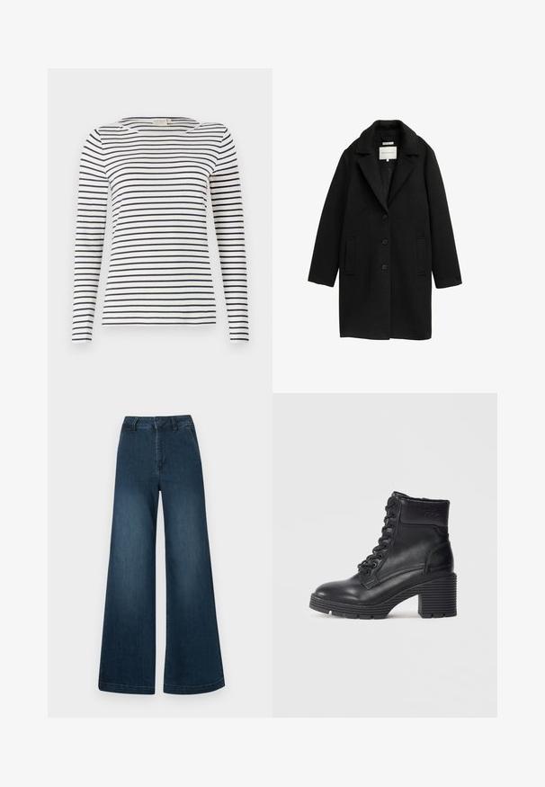Cămașă din lână neagră cu guler tip revere, trei butoane și două buzunare laterale. Textură netedă cu un design clasic, drept.; Cămașă cu mâneci lungi, cu dungi, confecționată dintr-un material moale, având dungi orizontale bleumarin și albe, gât rotund și un design slim-fit.; Jeans din denim de culoare albastră închisă, cu talie înaltă și picioare largi, cu buzunare frontale și bucle pentru curea, pe un fundal alb.; Cizme negre din piele cu glezna, cu un toc înalt și pătrat, având un sistem de închidere cu șireturi, talpă texturată și detaliu cu marcă la gleznă.