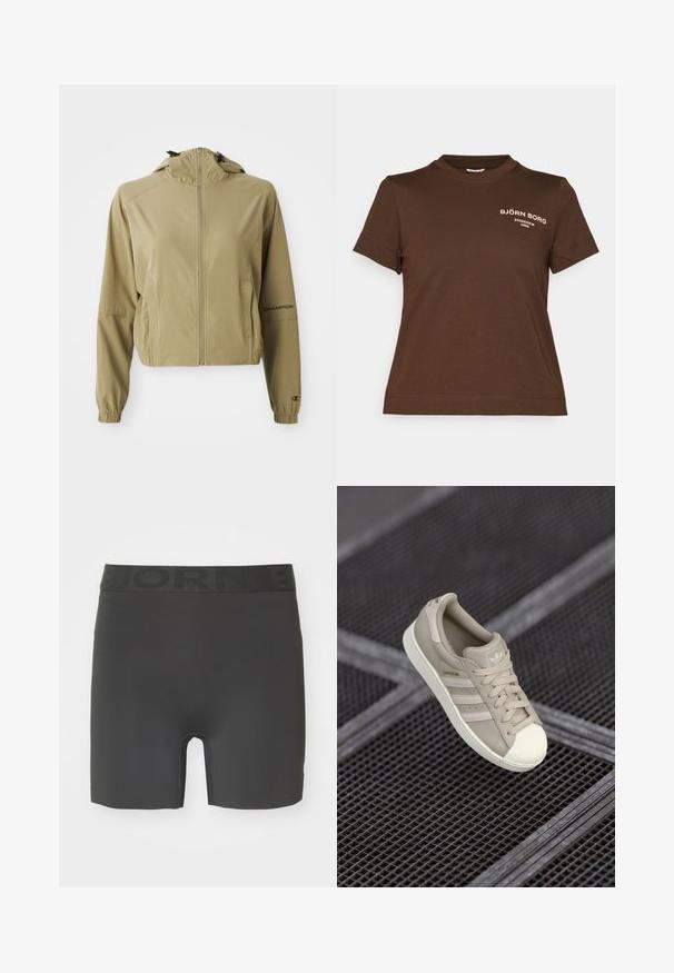 Light brown zip-up jacket with hood, elastic cuffs, side pockets, and "Champion" logo on left sleeve.; Brown short-sleeve t-shirt made from cotton, featuring a crew neck and a white logo print on the left chest area. Simple, fitted design.; Black athletic shorts made from a stretchy material. Features an elastic waistband with raised lettering and a mid-thigh length design.; Beige Adidas Superstar sneaker with textured leather upper, three lateral stripes, round toe cap, and logo on tongue and heel.