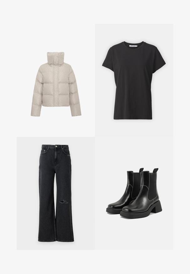 Giacca puffer grigia chiara con colletto alto, caratterizzata da un sottile motivo a leopardato, design trapuntato e chiusura con zip frontale.; T-shirt in cotone nero con un classico collo a giro, maniche corte e vestibilità rilassata. Texture liscia, senza patterns o dettagli visibili.; Jeans in denim nero a gamba larga con vita alta, caratterizzati da un strappo logoro sul ginocchio sinistro e rifiniture classiche con bottoni e rivetti metallici.; Stivali Chelsea in pelle nera con tacco spesso, pannelli elasticizzati sui lati e cuciture bianche a contrasto. Finitura testurizzata.