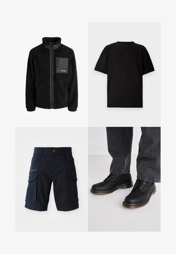 Jachetă din fleece neagră cu guler înalt, fermoar complet și buzunar pe piept cu fermoar. Are un material texturat și buzunare laterale. Logo-ul este afișat pe buzunar.; Tricou negru cu mânecă scurtă, fabricat din material cu textură de tip ribbed. Are un decolteu rotund și o croială lejeră cu o textură fină. Vedere din spate.; Pantaloni scurți cargo bleumarin cu multiple buzunare, inclusiv un buzunar lateral cu fermoar, fabrică rezistentă, croială dreaptă și design până la genunchi.; Bocanci negri din piele, cu șireturi, cu un finisaj texturat, talpă groasă din cauciuc și accente de cusătură galbenă, asortați cu pantaloni din denim gri.