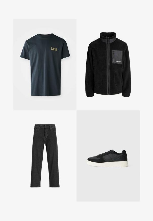 Svart fleecejacka med hög krage, full dragkedja och dragkedjeficka på bröstet. Har strukturerad tyg och sidofickor. Logotyp visas på fickan.; Svart bomulls t-shirt med kort ärm. Har en guld blockbokstavslogotyp "LEE" på vänster bröstområde. Rund halsringning, normal passform.; Svarta denimjeans med rak passform, featuring dragkedja, bälteslöljer och sex fickor, tillverkade av en kraftig bomullsblandning.; Svart lågtopp sneakers med texturerat läder och mocka paneler, vit gummisula och svarta snören på en enkel ljus bakgrund.