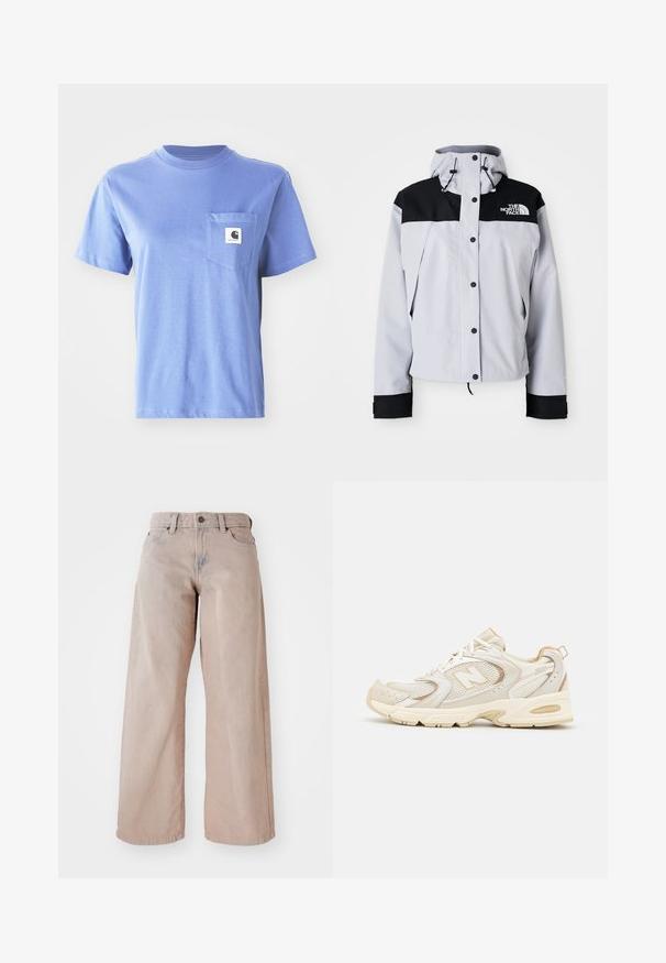 Lysegrå og sort hættejakke med frontknapper, justerbare snore og The North Face-logo på brystet.; Rød strikket sweater med høj ribkant. Har horisontale ribbede detaljer ved kanten og manchetterne. "ellesse" logoet er fremtrædende vist i blå og hvid.; Lyseblå bomulds t-shirt med rund hals, korte ærmer, brystlomme og et lille logo mærke på lommen.; Beige vidde jeans med høj talje, fem-lomme design og knaplukning. Stoffet har en blød tekstur og en let falmning foran.; Beige atletik sko med mesh og syntetiske overlejringer, med en tekstureret overflade, polstret krave og "ABZORB" dæmpning ved hælen.