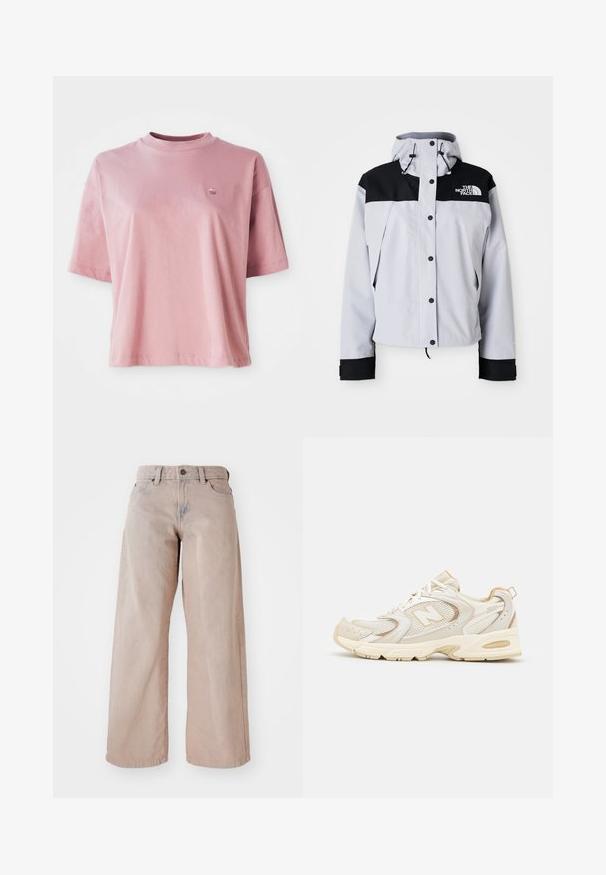 Lysegrå og sort hættejakke med frontknapper, justerbare snore og The North Face-logo på brystet.; Rød strikket sweater med høj ribkant. Har horisontale ribbede detaljer ved kanten og manchetterne. "ellesse" logoet er fremtrædende vist i blå og hvid.; Lyserød kortærmet t-shirt med rund hals og et lille logo på venstre bryst, præsenteret på en hvid baggrund.; Beige vidde jeans med høj talje, fem-lomme design og knaplukning. Stoffet har en blød tekstur og en let falmning foran.; Beige atletik sko med mesh og syntetiske overlejringer, med en tekstureret overflade, polstret krave og "ABZORB" dæmpning ved hælen.