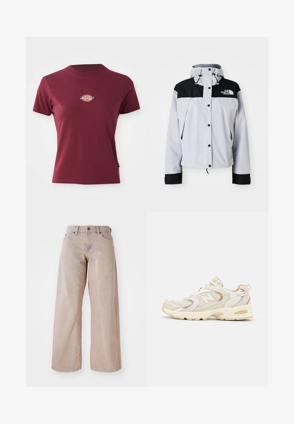 Jachetă cu glugă de culoare gri deschis și negru, cu butoane frontale, șnururi ajustabile și logo-ul The North Face pe piept.; Pulover roșu tricotat, cu guler înalt cu nervuri. Are nervuri orizontale la marginea de jos și la manșete. Logo-ul "ellesse" este afișat proeminent în albastru și alb.; Tricou scurt cu mânecă, de culoare bordeax, confecționat din bumbac, cu guler rotund și un mic logo multicolor "Dickies" pe piept.; Jeans largi bej cu talie înaltă, design cu cinci buzunare și închidere cu buton. Țesătura are o textură moale și o ușoară decolorare în față.; Încălțăminte sport bej cu plasă și suprapuneri sintetice, având o suprafață texturată, guler umplut și amortizare „ABZORB” la călcâi.