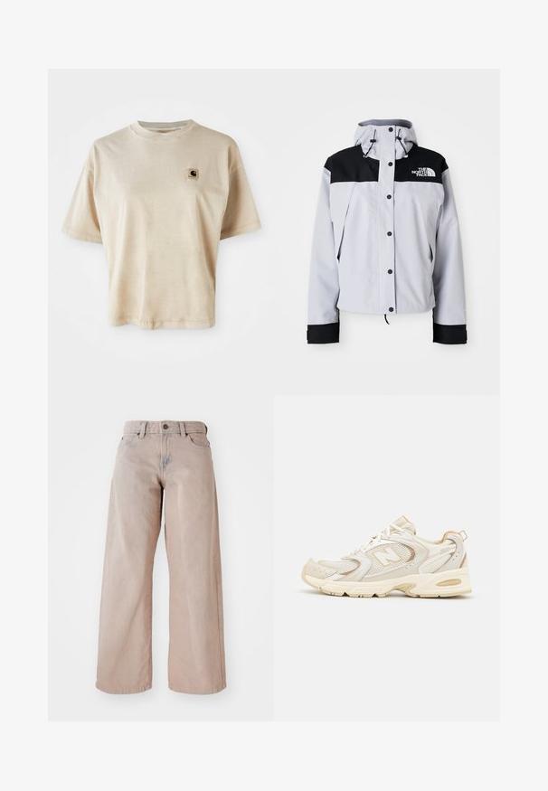 Světle šedá a černá bunda s kapucí s předními knoflíky, nastavitelné šňůrky a logo The North Face na hrudi.; Červený pletený svetr s vysokým vroubkovaným límcem. Obsahuje horizontální vroubkování na lemu a manžetách. Logo "ellesse" je výrazně zobrazeno v modré a bílé barvě.; Beige bavlněné tričko s uvolněným střihem, kulatým výstřihem, krátkými rukávy a malou čtvercovou nášivkou na levé části hrudi.; Beige široké džíny s vysokým pasem, pěti kapsami a zapínáním na knoflík. Tkanina má měkkou strukturu a mírné vyblednutí na přední straně.; Béžové sportovní boty s síťovinou a syntetickými vrstvami, mají texturovaný povrch, polstrovaný límec a odpružení "ABZORB" v patě.