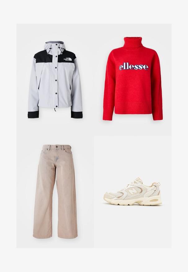 Hele hall hall ja must kapuutsiga jakk esipaneelil nööpidega, reguleeritavate paeltega ja The North Face logo rinnal.; Punane kootud sveter kõrge soonikuga kraega. Omab horisontaalset soonikut äärtes ja varrukatel. "ellesse" logo on silmapaistvalt kujutatud sinises ja valges.; Bežid laiendid teksad kõrge taljega, viie tasku ja nööbiga sulgemisega. Kanga tekstuur on pehme ja esiosas on kergelt pleekinud.; Beežid spordijalatsid, millel on võrkpinnaga ja sünteetilised kattekihtid, tekstureeritud pind, pehme kaelus ja "ABZORB" pehmendus kandadel.