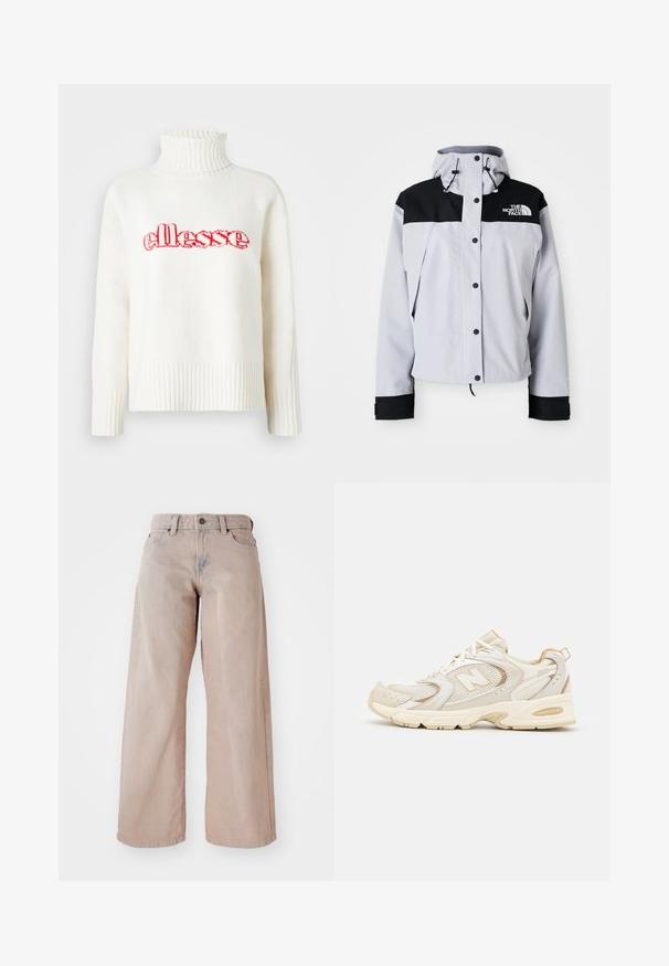 Gaišpelēka un melna kapuce jaka ar priekšējiem pogām, regulējamiem aukliņām un The North Face logotipu uz krūtīm.; Balts adīts džemperis ar augstu ribotu apkakli, kurā ir sarkans izšūts "ellesse" logo uz krūtīm. Garas piedurknes ar ribotām aprocēm.; Gaiši brūni platā kāju džinsi ar augstu jostu, piecu kabatu dizainu un pogu aizdari. Audumam ir mīksta tekstūra un neliela izbalēšana priekšpusē.; Bēši sporta apavi ar sietu un sintētiskām pārklājumiem, ar teksturētu virsmu, mīkstu apkaklīti un "ABZORB" amortizāciju papēdī.
