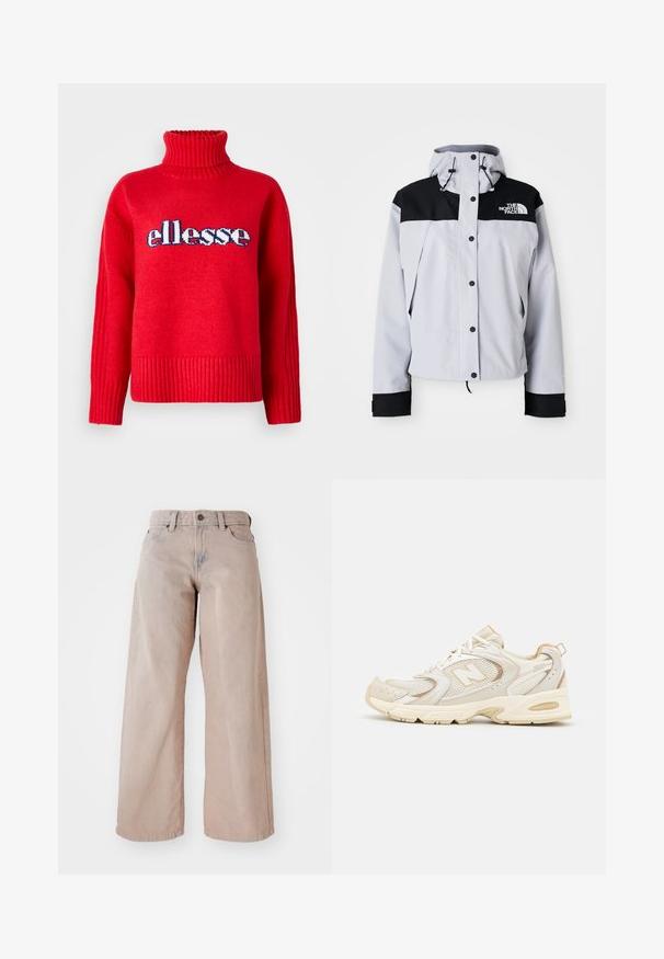 Hellgraue und schwarze Kapuzenjacke mit vorderen Knöpfen, verstellbaren Kordelzügen und dem The North Face-Logo auf der Brust.; Roter gestrickter Pullover mit einem hohen Rippkragen. Ausgestattet mit horizontalen Rippungen am Saum und an den Bündchen. Das "ellesse"-Logo ist in Blau und Weiß deutlich sichtbar.; Hellblaues Baumwoll-T-Shirt mit kurzen Ärmeln, rundem Halsausschnitt und kleinem gelben gestickten Logo auf der Brust. Weicher Stoff, lockere Passform.; Beige weit geschnittene Jeans mit hohem Bund, Fünf-Taschen-Design und Knopfverschluss. Der Stoff hat eine weiche Textur und eine leichte Ausbleichung an der Vorderseite.; Beige Sportlichchuhe mit Mesh- und synthetischen Überzügen, mit einer strukturierten Oberfläche, gepolstertem Kragen und "ABZORB"-Dämpfung an der Ferse.