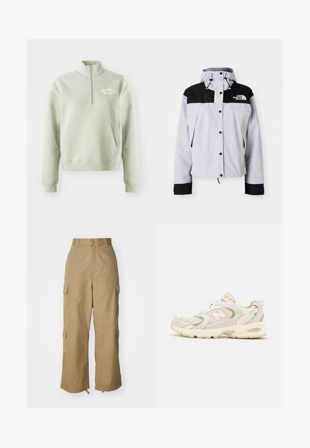 Casaco com capuz em cinza claro e preto, com botões frontais, cordões ajustáveis e o logótipo da The North Face no peito.; Sweatshirt verde claro com fecho, gola alta, bolso tipo canguru e logótipo bordado "New Balance Athletics" no peito. Textura suave.; Calças cargo bege com uma cintura alta, pernas largas e quatro grandes bolsos laterais. Feitas de um tecido resistente com uma textura suave e minimalista.; Tênis de desporto bege com sobreposições em malha e sintético, apresentando uma superfície texturizada, colarinho almofadado e amortecimento "ABZORB" no calcanhar.