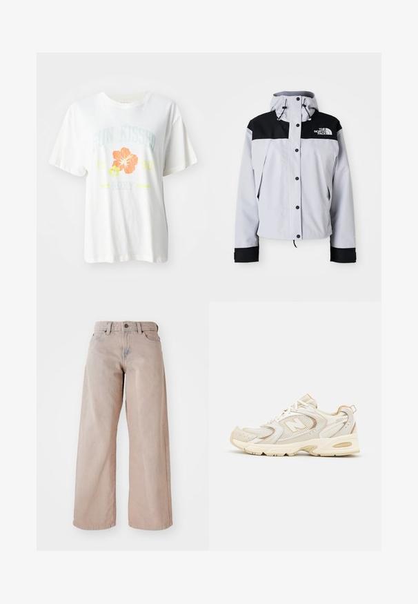 Lysegrå og sort hættejakke med frontknapper, justerbare snore og The North Face-logo på brystet.; Hvid bomulds-t-shirt med et grafisk print af tropiske blomster i orange og gule nuancer samt tekst, der læser "SUN KISSED 1990 Roxy."; Beige vidde jeans med høj talje, fem-lomme design og knaplukning. Stoffet har en blød tekstur og en let falmning foran.; Beige atletik sko med mesh og syntetiske overlejringer, med en tekstureret overflade, polstret krave og "ABZORB" dæmpning ved hælen.