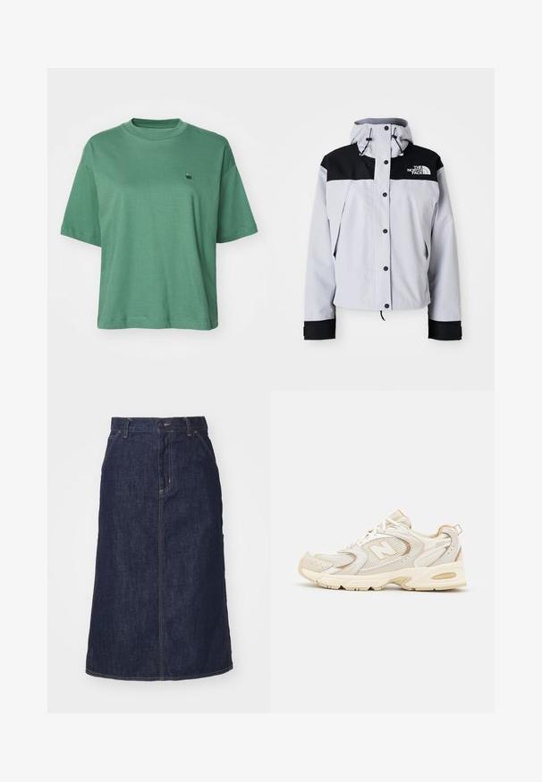 Světle šedá a černá bunda s kapucí s předními knoflíky, nastavitelné šňůrky a logo The North Face na hrudi.; Carhartt WIP CHESTER - Jednoduché tričko - duck green; Tmavě modrá džínová sukně s vysokým pasem, rovného střihu, předními kapsami a prošitými švy. Disponuje zipem a knoflíkem na zapínání v pase.; Béžové sportovní boty s síťovinou a syntetickými vrstvami, mají texturovaný povrch, polstrovaný límec a odpružení "ABZORB" v patě.