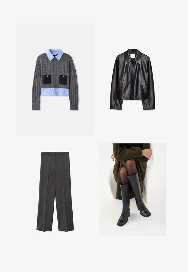 Črna usnjena jakna z širokim ovratnikom, sprednjimi žepi in gladko teksturo. Oblika je skrajšana z dolgimi rokavi.; Sivo rebrasto pulover s svetlo modro srajco s krilcem spodaj, ki ima dva sprednja žepa s temno modrimi detajli in gumbi.; Sive široke hlače z gladko teksturo, z gubami spredaj in zanka za pas. Narejene so iz lahkega tkanega materiala.; Črne usnjene čevlje do kolen s kvadratnim prstom in blok peto, prikazani na modelu, ki sedi v olivno zeleni plašču. Gladka tekstura, minimalne podrobnosti.