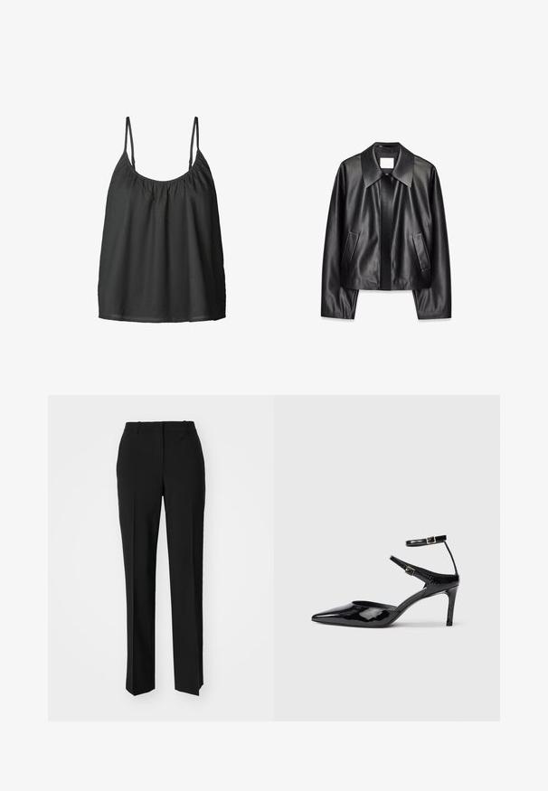 Juodas odinis švarkas su plačiu koloriumi, priekinėmis kišenėmis ir lygiu paviršiumi. Dizainas yra trumpas, su ilgu rankovėmis.; Juodas be rankovių džemperis su plonais reguliuojamais dirželiais, surinkta iškirpte ir laisvu siluetu. Pagamintas iš lengvos medžiagos su lygiu tekstūra.; Juodi pritaikyti kelnių modeliai su tiesiomis kojomis, pasižyminčios lygiomis tekstūromis ir ryškiomis klostėmis priekyje. Nėra matomų detalių.; Juodos lakinės odos aukštakulnės su smailiu koja, reguliuojamais kulkšnies dirželiais ir lieknu kulnu. Lygus paviršius su blizgiu apdaila.