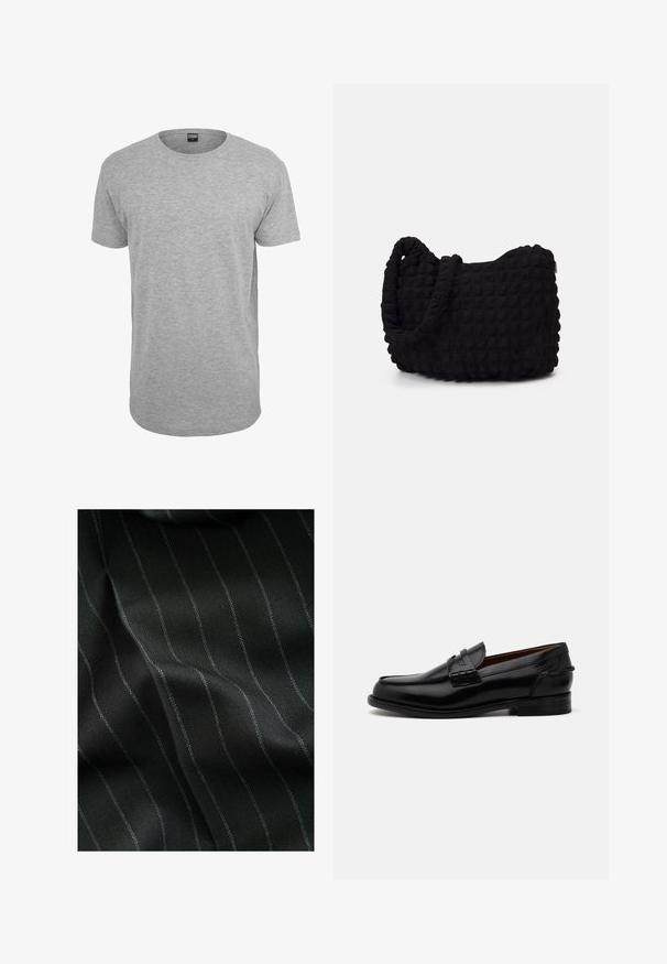 Černá zipová bunda s límcem, vybavená dvěma předními kapsami a malým logem na dolní straně. Vyrobena z odolné tkaniny s hladkou strukturou.; Černá mikina na zip vyrobená z měkké tkaniny. Obsahuje kapuci, přední kapsy a žebrované manžety a lem. Hladká textura bez vzorů.; Šedé bavlněné tričko s kulatým výstřihem a krátkým rukávem, rovný lem a měkká textura; minimální značení viditelné na výstřihu.; Černá látka s vzorem rybí kosti a tenkými bílými pruhy. Textura se zdá být hladká s jemnou hloubkou od tkaní.; Černé kožené mokasíny s mírně protáhlým tvarem, ozdobené prošíváním a malým podpatkem. Hladký, lesklý povrch.; Černá látková taška s texturovaným, prošívaným vzorem. Zaoblený tvar, krátké, silné uchy a měkká, flexibilní struktura.