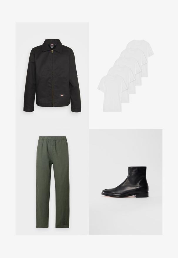 Jachetă neagră cu fermoar și guler, având două buzunare frontale și un mic logo pe partea inferioară. Fabricată dintr-un material rezistent cu o textură netedă.; Șase tricouri albe din bumbac cu mâneci scurte și gât rotund aranjate într-un rând, având o textură netedă și fără modele vizibile.; Pantaloni ușori de in, de culoare verde închis, cu talie elastică și picioare drepte. Prezintă o clapetă frontală fără buzunare vizibile.; Botină neagră din piele netedă, cu toc mic și vârf rotund, prezentată de la lateral pe un fundal alb.