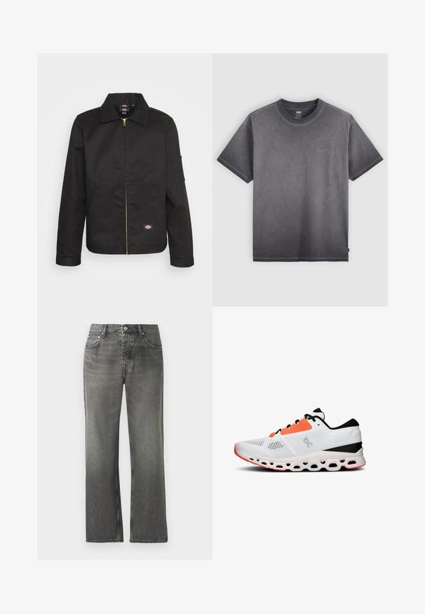 Black zip-up jacket with a collar, featuring two front pockets and a small logo on the lower side. Made of sturdy fabric with a smooth texture.; Gray cotton t-shirt with a crew neckline, short sleeves, and subtle logo detail on the chest. Soft texture and relaxed fit.; Gray denim jeans with a straight-leg design, five pockets, and visible stitching details. Light fading from waist to hem.; White athletic shoe with black and orange accents, mesh upper, cushioned sole, and distinct cut-out design for breathability and support.