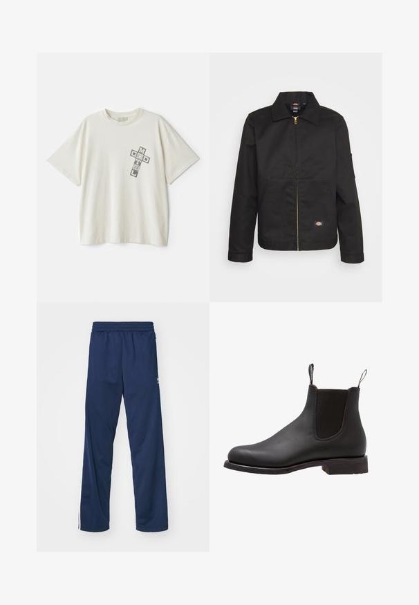 Black zip-up jacket with a collar, featuring two front pockets and a small logo on the lower side. Made of sturdy fabric with a smooth texture.; Cream-colored cotton t-shirt with short sleeves; features a graphic print saying "MOTEL" and "GOD" in a cross arrangement on the left chest.; Navy blue athletic pants with an elastic waistband, featuring white side stripes and a logo accent on the left thigh.; Black leather Chelsea boot with elastic side panels, pull tabs, and a low heel. Smooth texture and clean design with no additional patterns.