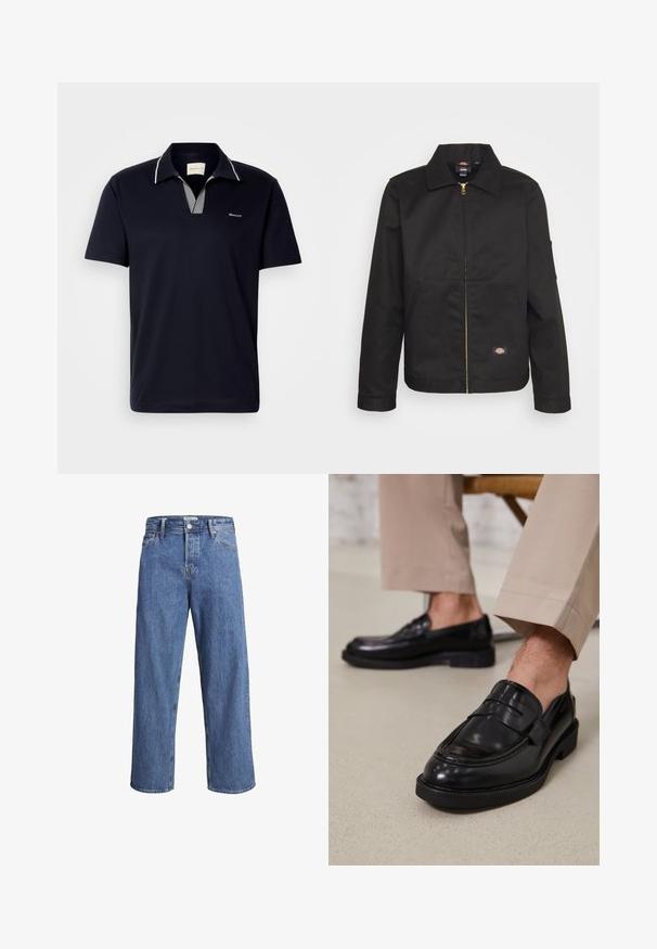 Musta vetoketjullinen takki, jossa on kaulus, kahdella etutaskulla ja pieni logo alaosassa. Valmistettu kestävästä kankaasta, jossa on sileä pinta.; Tummansininen lyhythihainen polo-paita puuvillasta, jossa on raidallinen kaulus ja V-kaula-aukko, sekä pieni logo rinnassa.; Vaaleansiniset farkut, joissa on suora lahje, korkea vyötärö ja minimaliset ompeluyksityiskohdat. Kangas on pehmeä ja hieman haalistunut.; Musta nahkakengät, joissa on sileä pinta, koristetasku ja kontrastisomistus, yhdistettynä vaaleanbeigeihin housuihin.