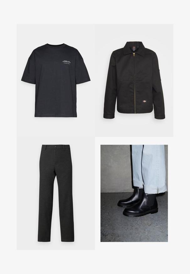 Sort zip-up jakke med krave, der har to forlommer og et lille logo på den nederste del. Lavet af kraftigt stof med en glat overflade.; Sort bomulds t-shirt med korte ærmer, rund halsudskæring og hvid tekstdetalje på venstre side. Løs pasform, ensfarvet tekstur og ingen mønstre.; Mørkegrå bukser lavet af vævet stof, med et lige ben-design, bæltestropper og en enkelt knaplukning i taljen.; Sorte læder Chelsea støvler med elastiske sidepaneler og en struktureret gummisål, parret med lyseblå opfoldede denim jeans.