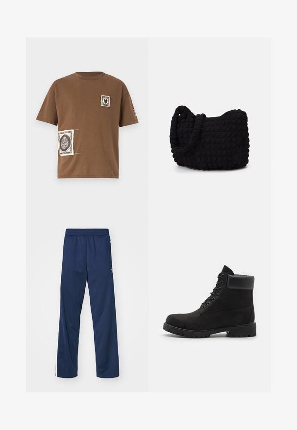 Juoda zip-up striukė su apykakle, turinti dvi priekinės kišenes ir mažą logotipą apatinėje pusėje. Pagaminta iš tvirto audinio su lygiu paviršiumi.; Rudas medvilninis marškinėlių su apvaliu kaklu, kuriame yra dvi dekoratyvinės etiketės, primenančios senovinius pašto ženklus juodai baltoje spalvų gama.; Tamsiai mėlynos sportinės kelnės su elastine juosta, su baltomis šoninėmis juostelėmis ir logotipo akcentu kairėje šlaunyje.; Juodi aulinukai su raišteliais, su paminkštintu apvadu ir tvirtu padu, rodomi profiliu prieš baltą foną.; Juodas audinio maišelis su tekstūruota, siuvinėta raštu. Apvalios formos, trumpi, stori rankenėlės ir minkšta, lanksti struktūra.