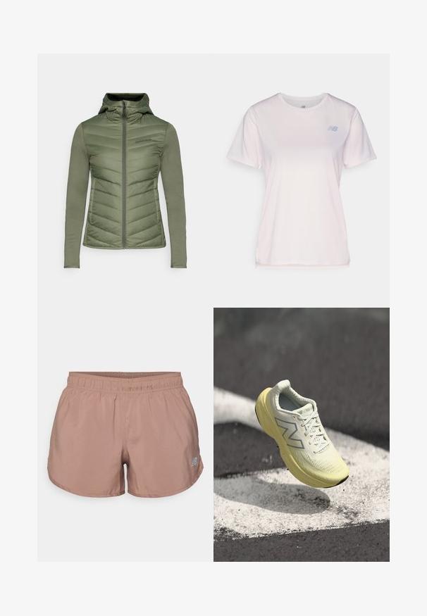 Jachetă izolată verde, cu închidere prin fermoar și glugă, având un front căptușit și mâneci netede. Material ușor, detalii minime cu logo.; Tricou sport cu mânecă scurtă, de culoare roz deschis, fabricat dintr-un material moale, cu o textură subtilă și un mic logo albastru pe partea stângă a pieptului.; Shorts atletici de culoare maro deschis, cu un elastic la talie și un mic logo reflectorizant pe laterale. Realizați dintr-un material neted și ușor.; Adidași de alergare galbeni deschiși, cu un material superior texturat, șireturi și o talpă cu amortizare. Prezintă un logo argintiu pe lateral și un design elegant.