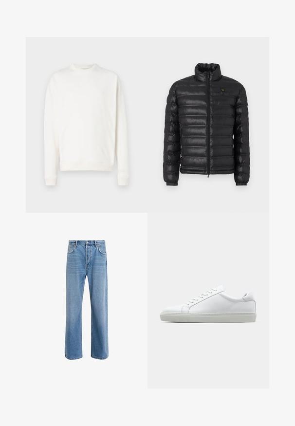 Schwarze Pufferjacke mit hohem Kragen, Reißverschluss vorne und gerippten Bündchen. Merkmale sind horizontale Steppungen und ein kleines Logo auf der Brust. Leichtes Material.; Weißes Sweatshirt mit Rundhalsausschnitt, gerippten Bündchen und Saum. Weiche Textur mit kleinem Logo auf der Brust. Einfaches, schlichteres Design.; Helle blaue Jeans im Geradeschnitt-Design, mit fünf Taschen, Knopfverschluss, minimaler Ausbleichung und kontrastierenden Nähdetails.; Weißer Sneaker mit glattem Lederobermaterial und niedrigem Profil. Verfügt über eine runde Zehenpartie, sechs Ösen und eine strukturierte Gummisohle.