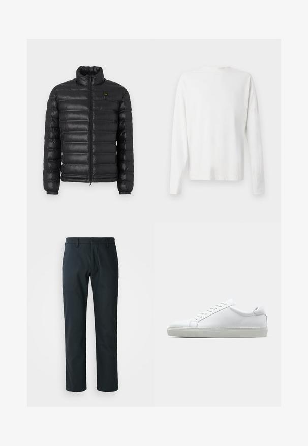 Zwarte pufferjack met een hoge kraag, ritssluiting aan de voorkant en geribbelde manchetten. Bevat horizontale stiknaden en een klein logo op de borst. Lichtgewicht materiaal.; Witte katoenen blouse met lange mouwen en een ronde halslijn, met zijsplitten aan de onderkant en een gladde textuur, vanuit de achterkant weergegeven.; Zwarte, rechte broek gemaakt van een gladde stof; heeft ceintuurlussen en een vlakke voorkant. Inclusief zijzakken.; Witte sneaker met een gladlederen bovenwerk en een laag profiel. Voorzien van een ronde neus, zes vetergaatjes en een gestructureerde rubberen zool.