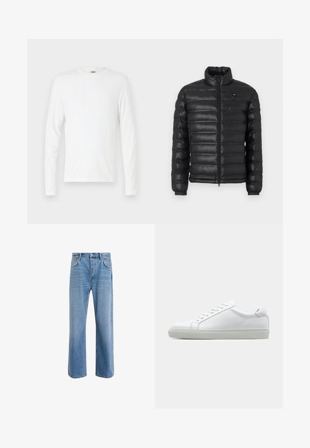 Czarna kurtka puchowa z wysokim kołnierzem, z zamkiem z przodu oraz ściągaczami na rękawach. Posiada poziome przeszycia oraz małe logo na piersi. Wykonana z lekkiego materiału.; Biała koszulka z długim rękawem wykonana z miękkiej bawełny, z okrągłym dekoltem i luźnym krojem, bez widocznych wzorów czy akcentów.; Jasnoniebieskie dżinsy o prostym kroju, pięć kieszeni, zapięcie na guzik, minimalne blaknięcia i kontrastowe wykończenia szwów.; Białe sneakersy z gładką skórzaną cholewką i niskim profilem. Posiadają okrągły nos, sześć dziurek na sznurówki oraz teksturowaną gumową podeszwę.