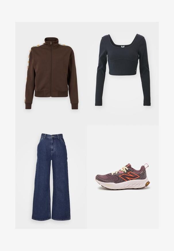 Brun zip-up jakke i blødt stof, med høj krave, sidelommer og mønstrede detaljer langs skuldrene. Ribstrikkede manchetter og kant.; Sort langærmet cropped top i ribbet tekstur, med bred scoop-halsudskæring og tætsiddende silhuet, samt et diskret brandlogo.; Bredde denimjeans i mørkeblå, med høj talje, for- og baglommer samt lynlås med metalknap. Glat tekstur og klassisk design.; Lilla og grå atletisk sko med orange accenter, struktureret mesh overdel, EVA mellemsål og en gummiydersål. Har kontrasterende snørebånd og en hælflig.