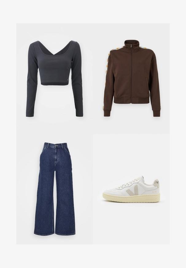 Pruun lukuga jakk pehmest materjalist, millel on kõrge krae, küljetaskud ja mustrilised aksendid õlgadel. Ribitud varrukad ja ääred.; Pikendustega lühike topp tumehallist ribakangast. Omab sügavat V-kaelust ja ühtlast värvi, mille allääres on väike logo.; Tumedast sinisest denimist laiad püksid, millel on kõrge vöökoht, ees olevad taskud ja metallnupuga tõmblukk. Sile tekstuur ja klassikaline disain.; Valge nahast tenniseking, millel on beežist siidist aktsent ja aukudega varvas, lame paelad ja tekstureeritud koorevärvi tallad. Omab nüansirikast brändimist kannal.