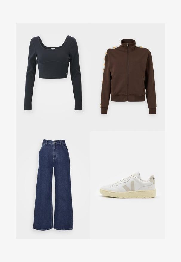 Hnědá vzorovaná zipová bunda z měkkého materiálu, má vysoký límec, postranní kapsy a vzorované detaily na ramenou. Hladké manžety a lem.; Černý dlouhý rukáv cropped top s žebrovanou strukturou, širokým výstřihem a přiléhavým siluetou, s jemným akcentem loga značky.; Široké denimové džíny v tmavě modré barvě, s vysokým pasem, předními kapsami a zipem s kovovým knoflíkem. Hladká textura a klasický design.; Bílé kožené tenisky s béžovými semišovými akcenty, perforovanou špičkou, plochými tkaničkami a strukturovanou krémovou podešví. Obsahují jemné logo na patě.