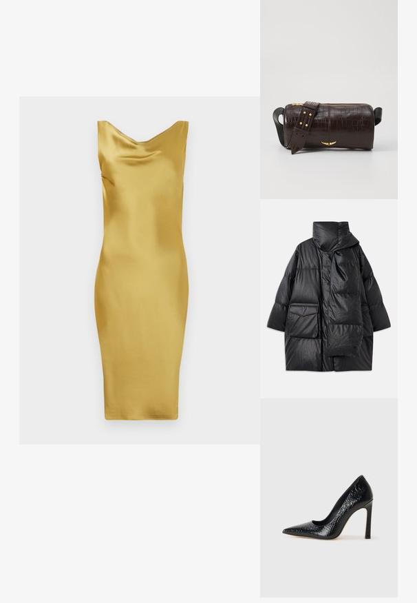 Crni kaput s ulošcima, visokim ovratnikom, velikim džepovima i odvojivim šalom. Izrađen je od sjajnog, teksturiranog materijala s ležernim krojem.; Žuta satenasta haljina s naboranim dekolteom, prilagođenog kroja, dužine do koljena i glatke teksture. Nema vidljivih uzoraka ili naglasaka.; Crne visoke potpetice s oštrim prstima, od teksture krokodilske kože, elegantnog dizajna, visoke stiletto potpetice i glatkog crnog unutrašnjosti.; Smeđa torba od kože s embosiranim krokodilskim uzorkom, cilindričnog oblika, zlatne hardverske detalje i odvojivu naramenicu sa čavlima.