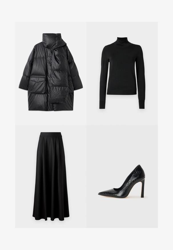 Black padded coat with high collar, large pockets, and a detachable scarf. Made of shiny, textured material with a loose-fitting design.; Black long-sleeve turtleneck sweater with ribbed cuffs and hem, displayed on a plain white background.; Black, floor-length skirt with a smooth texture, wide waistband, and pleated design, featuring no visible patterns or embellishments.; Black pointed-toe high heel shoe with a crocodile-skin texture, featuring a sleek design, high stiletto heel, and smooth black interior.