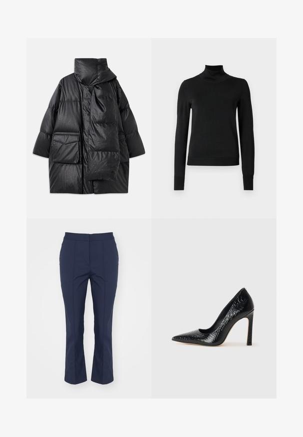 Casaco acolchoado preto com colarinho alto, grandes bolsos e um cachecol destacável. Feito de um material brilhante e texturizado, com um design de corte solto.; Sweater preto de manga longa com gola alta, com punhos e bainha canelados, exposto em um fundo branco liso.; Calças de alfaiataria azul-marinho com um corte reto, textura suave, pregas frontais e um cós de altura média; sem bolsos ou detalhes visíveis.; Sapato de salto alto de bico fino preto com textura de pele de crocodilo, apresentando um design elegante, salto agulha alto e interior preto suave.