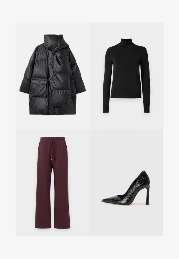 Black padded coat with high collar, large pockets, and a detachable scarf. Made of shiny, textured material with a loose-fitting design.; Black long-sleeve turtleneck sweater with ribbed cuffs and hem, displayed on a plain white background.; Burgundy wide-leg pants with an elastic waistband, drawstring, and side pockets. Made from soft, smooth fabric with a relaxed fit.; Black pointed-toe high heel shoe with a crocodile-skin texture, featuring a sleek design, high stiletto heel, and smooth black interior.