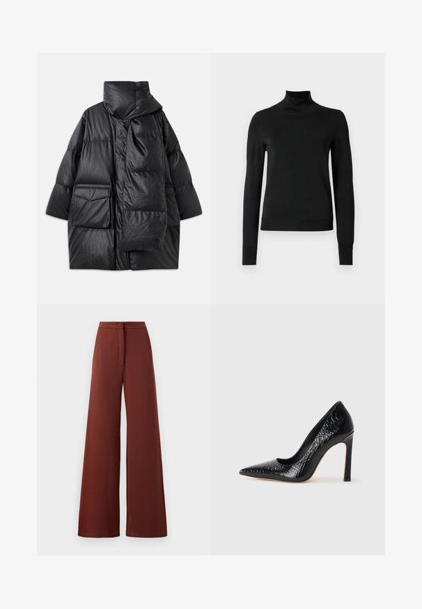 Geacă neagră matlasată cu guler înalt, buzunare mari și o eșarfă detașabilă. Fabricată dintr-un material lucios, texturat, cu un design lejer.; Pulover negru cu mânecă lungă și guler tip colier, cu manșete și tiv cu elastic, expus pe un fundal alb simplu.; Pantaloni largi dintr-un material roșu închis, cu închidere prin nasture și detalii cu fundă în față. Textură netedă cu o siluetă fluidă.; Pantofii cu toc înalt, ascuțiți, de culoare neagră, cu textură de piele de crocodil, având un design elegant, toc în stil stiletto și interior neted de culoare neagră.