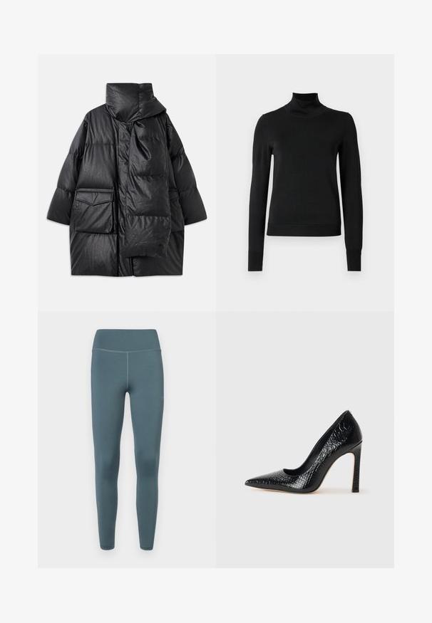 Black padded coat with high collar, large pockets, and a detachable scarf. Made of shiny, textured material with a loose-fitting design.; Black long-sleeve turtleneck sweater with ribbed cuffs and hem, displayed on a plain white background.; 7 DAYS Active SIGNATURE TIGHTS - Leggings - Trousers - stormy weather; Black pointed-toe high heel shoe with a crocodile-skin texture, featuring a sleek design, high stiletto heel, and smooth black interior.