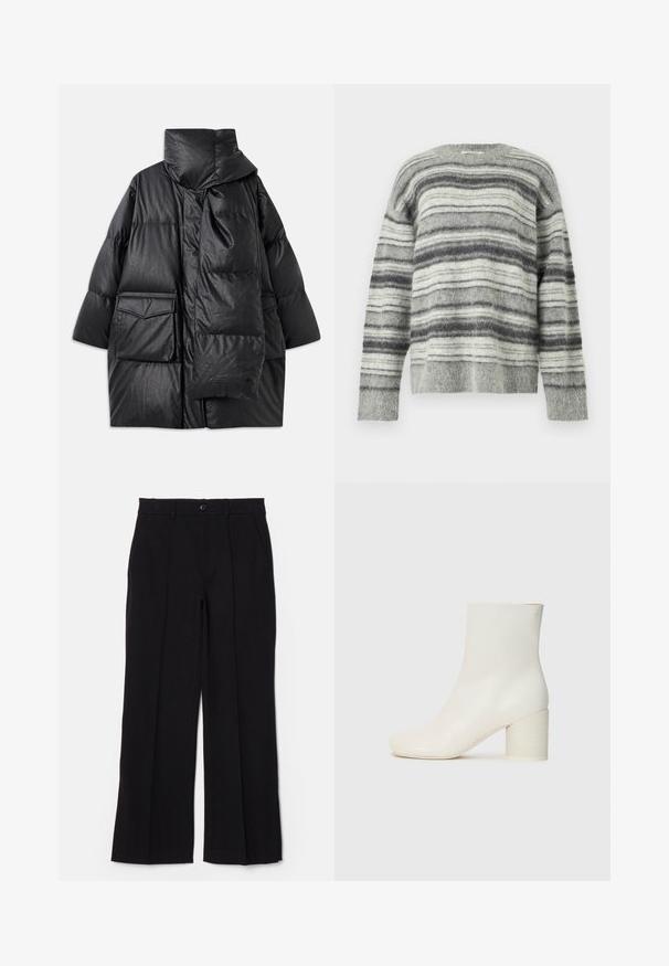 Manteau noir rembourré avec un col haut, de grandes poches et une écharpe amovible. Fabriqué en matériau brillant et texturé avec une coupe ample.; Pull rayé gris en matière douce et duveteuse. Présente des rayures horizontales dans différentes nuances de gris et blanc. Col rond, manches longues.; Pantalon noir avec un devant plat, des jambes droites et des poches. Fabriqué en tissu doux, il dispose d'une fermeture à un bouton et de passants de ceinture.; Bottine en cuir blanc avec bout rond et talon cylindrique épais. Texture lisse, design minimal, sans matériel ni motifs visibles.