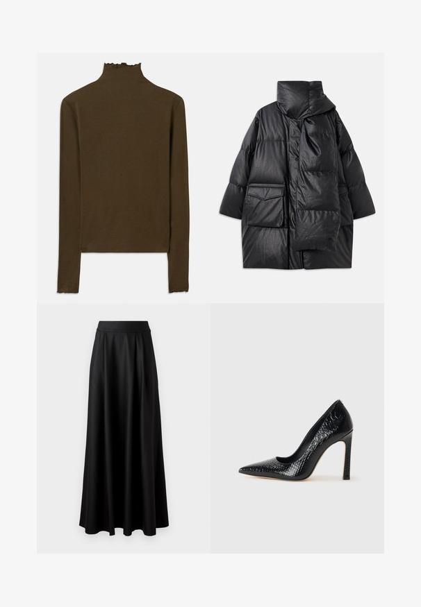 Schwarze gepolsterte Jacke mit hohem Kragen, großen Taschen und einem abnehmbaren Schal. Hergestellt aus glänzendem, strukturiertem Material mit einem lockeren Schnitt.; Braunes langärmeliges Rippenstrickoberteil mit Stehkragen und subtilen Ziernähten an Kragen, Bündchen und Saum.; Schwarzer, bodenlanger Rock mit glatter Textur, weitem Bund und plissiertem Design, ohne sichtbare Muster oder Verzierungen.; Schwarzer, spitz zulaufender High Heel mit Krokodilleder-Struktur, elegantem Design, hohem Stiletto-Absatz und glattem schwarzen Innenraum.