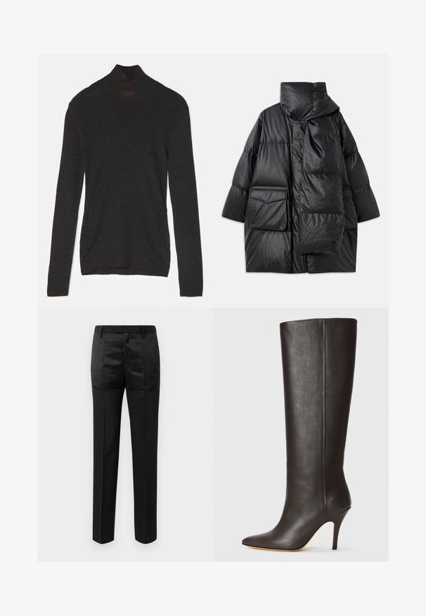 Fekete, párnázott kabát magas gallérral, nagy zsebekkel és levehető sállal. Fényes, textúrált anyagból készült, laza szabású.; Fekete, hosszú ujjú, garbós felső, puha anyagból, finom fényességgel. Függőleges siluettal és magas nyakú kialakítással rendelkezik.; Fekete, egyenes lábú, szabott nadrág övvel ellátott derékkal, matt és fényes anyagpanelek kombinációjával.; Fekete, térd felett érő bőr csizma hegyes orral, elegáns dizájnnal és vékony, magas sarkú fazonnal. Sima textúra és minimális részletezés jellemzi.