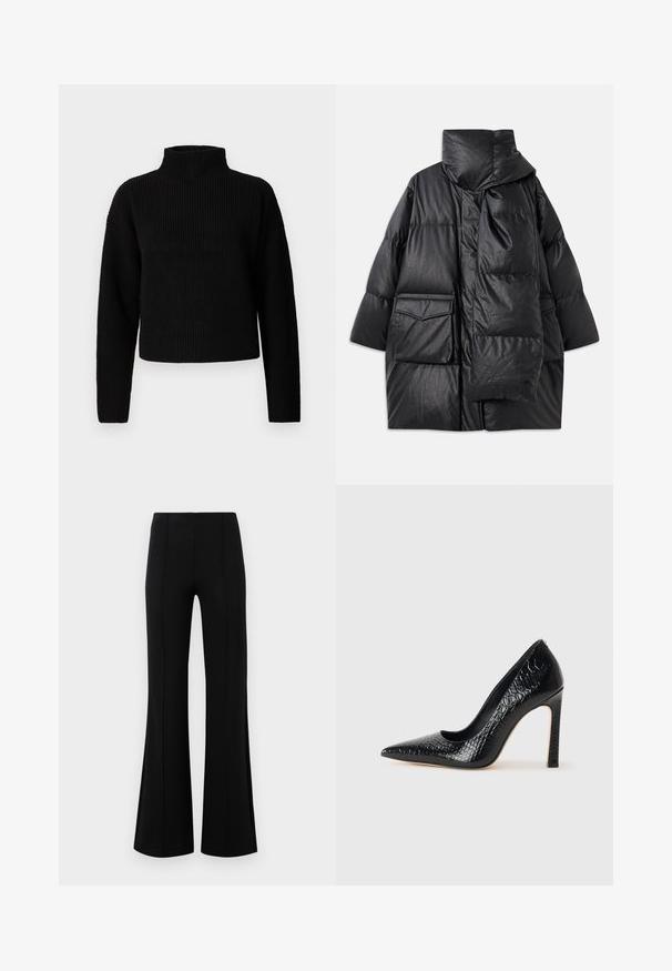 Sort polstret frakke med høj krave, store lommer og et aftageligt tørklæde. Lavet af skinnende, struktureret materiale med en løs pasform.; Sort ribbet højhalset sweater med lange ærmer og en cropped design. Texturen ser tyk og strikket ud, uden synlige mønstre eller udsmykninger.; Sorte højtaljede flared bukser lavet af strækbart stof. Har vertikale sømdetaljer foran og en glat tekstur.; Sorte spidse tå stiletto-sko i krokodilleskind med et strømlinet design, høj hæl og glat sort inderside.