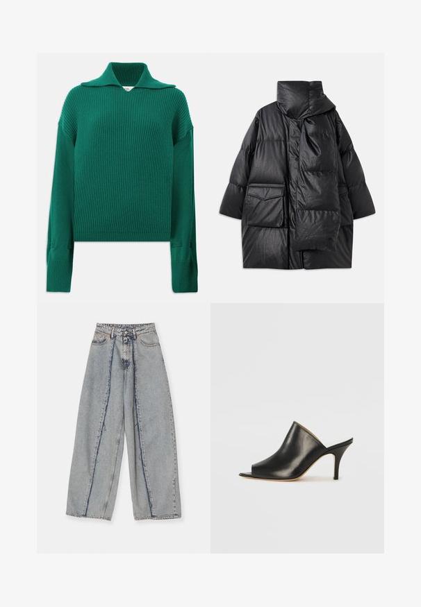 Black padded coat with high collar, large pockets, and a detachable scarf. Made of shiny, textured material with a loose-fitting design.; Green ribbed knit sweater with a wide collar, long sleeves, and side slits. Features a textured finish and relaxed fit.; Light blue wide-leg jeans with frayed edges, a high waist, and contrasting seams. Made of denim, showcasing a relaxed fit and minimal distressing.; Black leather open-toe mule with a sleek, curved design, high stiletto heel, and smooth texture. The interior features a contrasting light color.