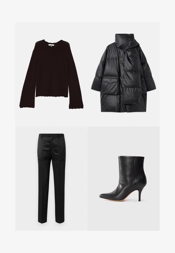 Black padded coat with high collar, large pockets, and a detachable scarf. Made of shiny, textured material with a loose-fitting design.; Dark brown knit sweater featuring a ribbed neckline, long sleeves, and scalloped hem with decorative openwork pattern along the edges.; Black tailored trousers with straight legs and a waistband with belt loops, featuring a mix of matte and shiny fabric panels.; Black leather ankle boot with pointed toe, slim stiletto heel, and smooth texture. Minimalist design with no visible hardware or accents.