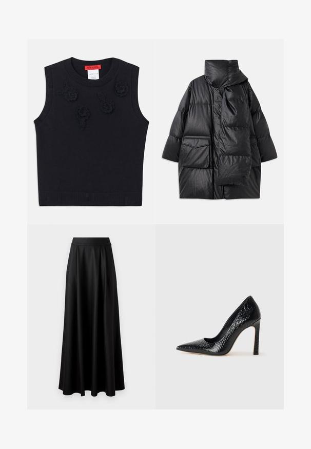 Cappotto imbottito nero con colletto alto, ampie tasche e sciarpa staccabile. Realizzato in materiale lucido e testurizzato, con un design svasato.; Maglione senza maniche nero con scollo e orlo a coste. Presenta applicazioni floreali testurizzate sul davanti. Materiale in maglia morbida.; Gonna nera lunga fino al pavimento con una texture liscia, vita alta ampia e design plissè, priva di motivi visibili o decorazioni.; Scarpa nera con punta a punta alta in pelle di coccodrillo, caratterizzata da un design elegante, alto tacco a spillo e interno nero liscio.